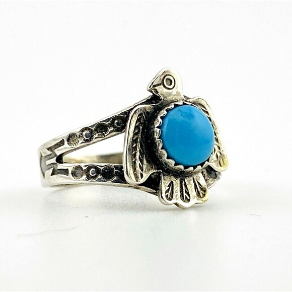 Bell Trading Post Thunderbird Ring Cigar Band Turquoise Cabochon Sz 4.75 Signed - Picture 8 of 12